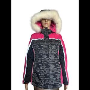 Stylish Pink & Black Winter Jacket with Fur Hood